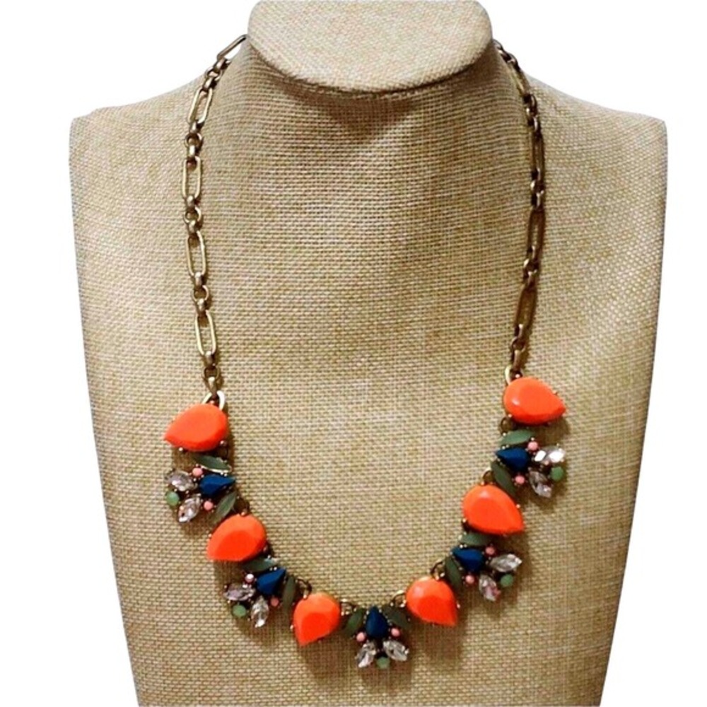 J. Crew Statement Necklace Orange Navy Blue Olive Green Crystal Bibb Gold Tone‎